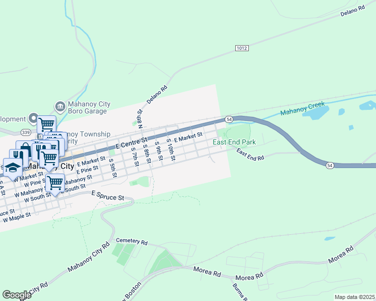map of restaurants, bars, coffee shops, grocery stores, and more near 1133 East Mahanoy Street in Mahanoy City