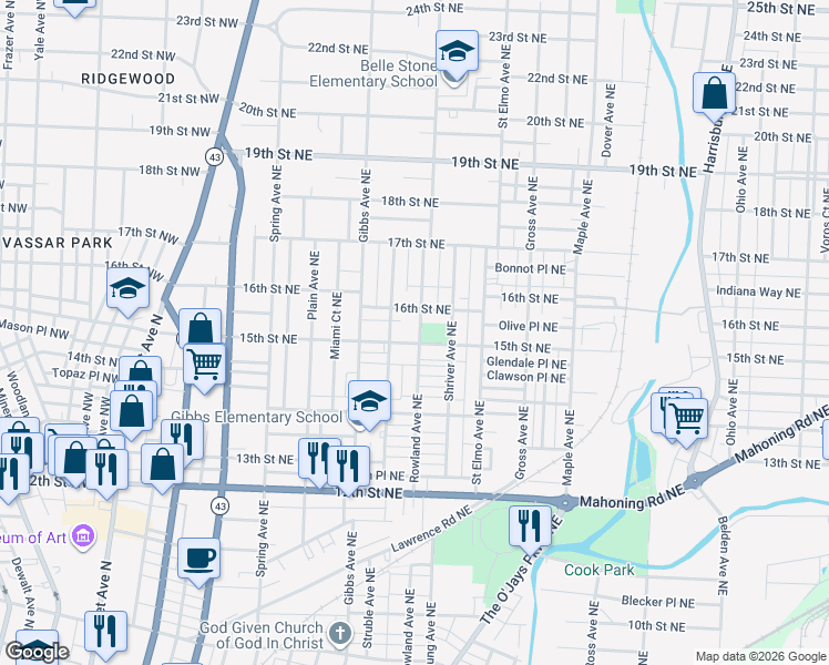 map of restaurants, bars, coffee shops, grocery stores, and more near 1509 Rowland Avenue Northeast in Canton