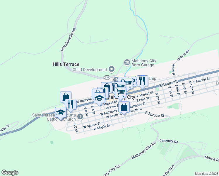map of restaurants, bars, coffee shops, grocery stores, and more near 111 West Vine Street in Mahanoy City