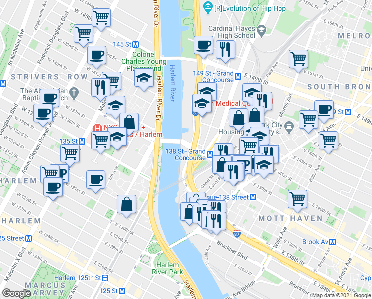 map of restaurants, bars, coffee shops, grocery stores, and more near 110 East 138th Street in The Bronx