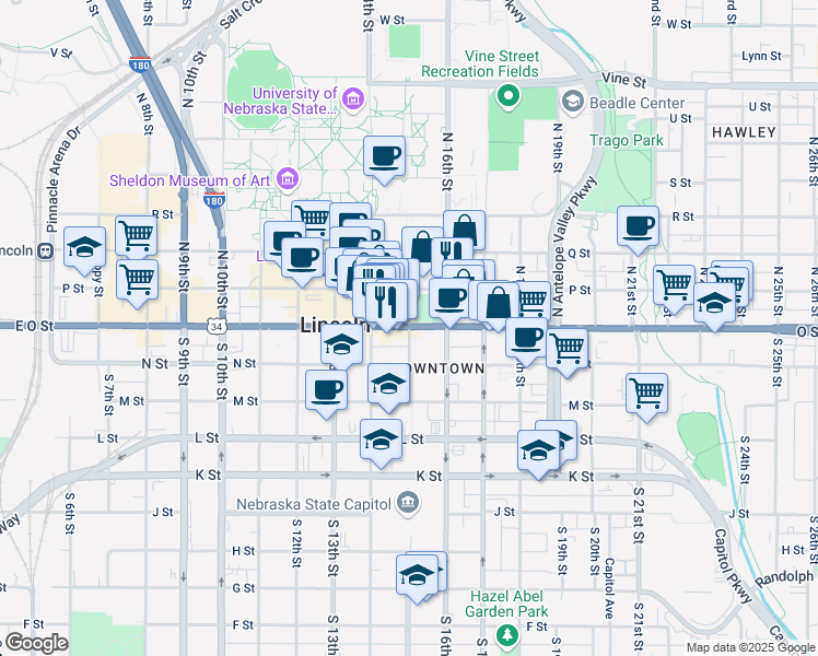 map of restaurants, bars, coffee shops, grocery stores, and more near 101 Centennial Mall South in Lincoln