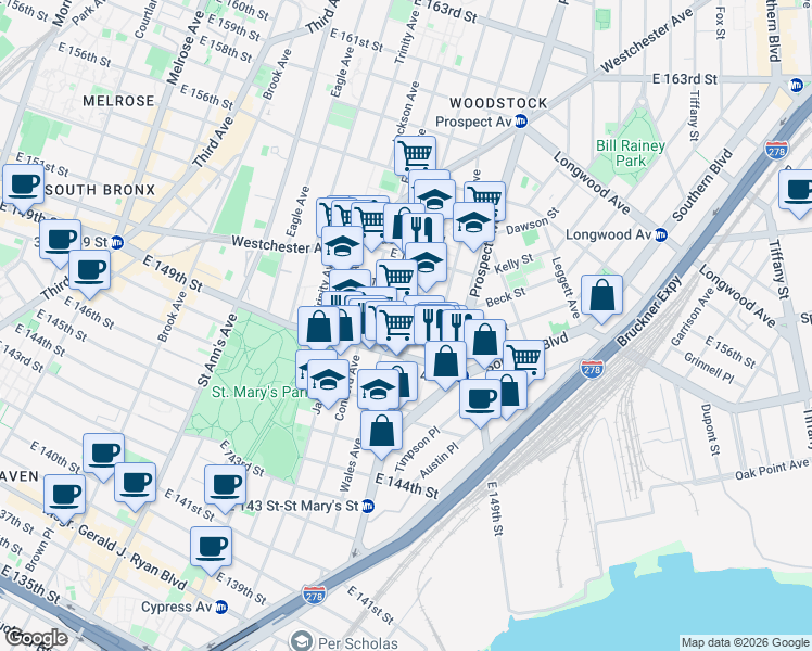 map of restaurants, bars, coffee shops, grocery stores, and more near 799 East 150th Street in Bronx