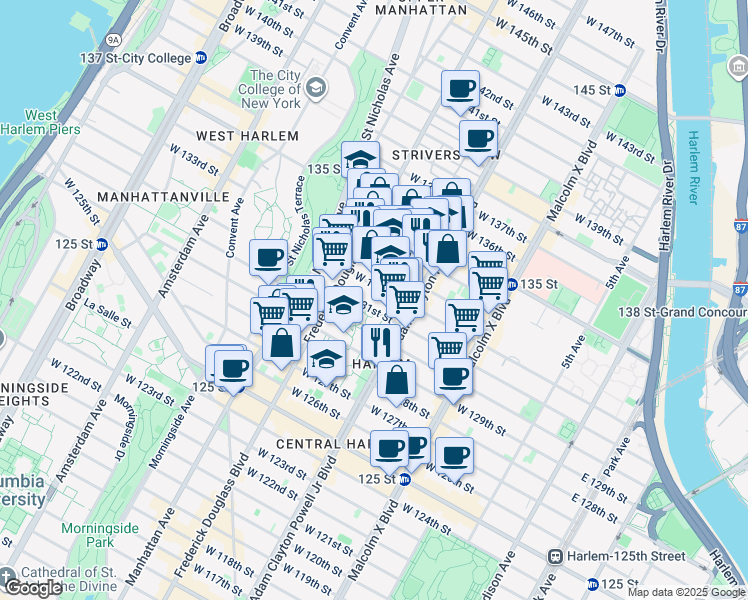 map of restaurants, bars, coffee shops, grocery stores, and more near 237 West 131st Street in New York