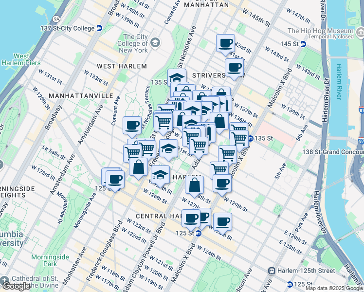 map of restaurants, bars, coffee shops, grocery stores, and more near 237 West 131st Street in New York