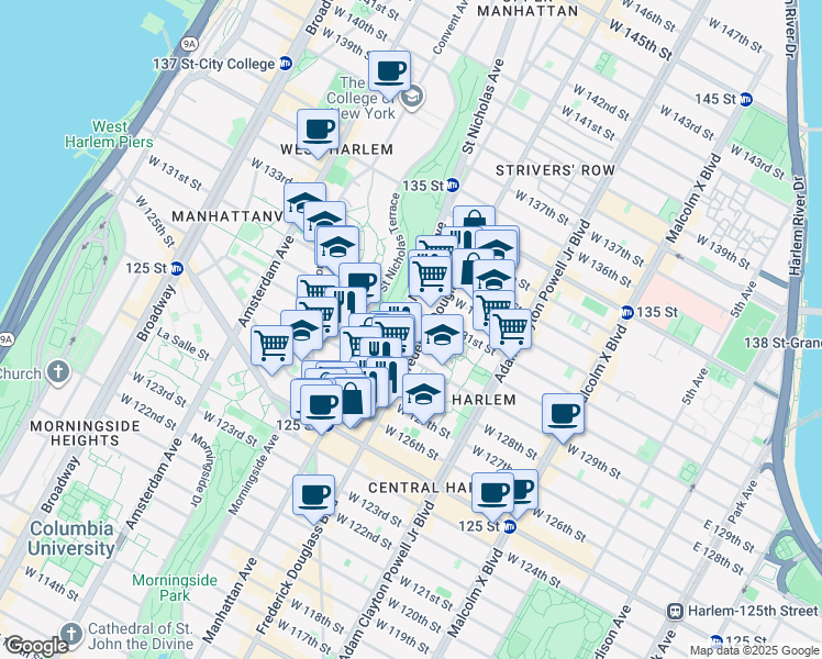 map of restaurants, bars, coffee shops, grocery stores, and more near 141 West 129th Street in New York