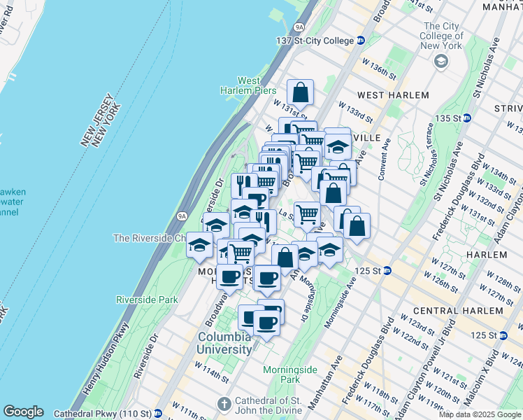 map of restaurants, bars, coffee shops, grocery stores, and more near 3117 Broadway in New York