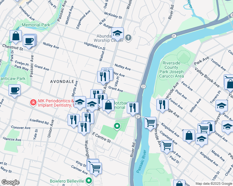 map of restaurants, bars, coffee shops, grocery stores, and more near 75 Quarry Street in Nutley