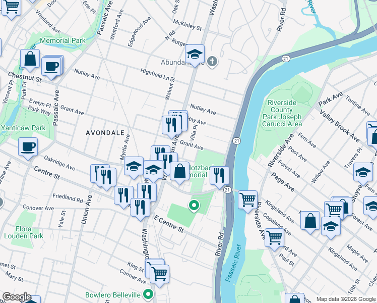 map of restaurants, bars, coffee shops, grocery stores, and more near 11 Spurr Place in Nutley