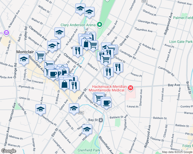 map of restaurants, bars, coffee shops, grocery stores, and more near 81 Claremont Avenue in Montclair