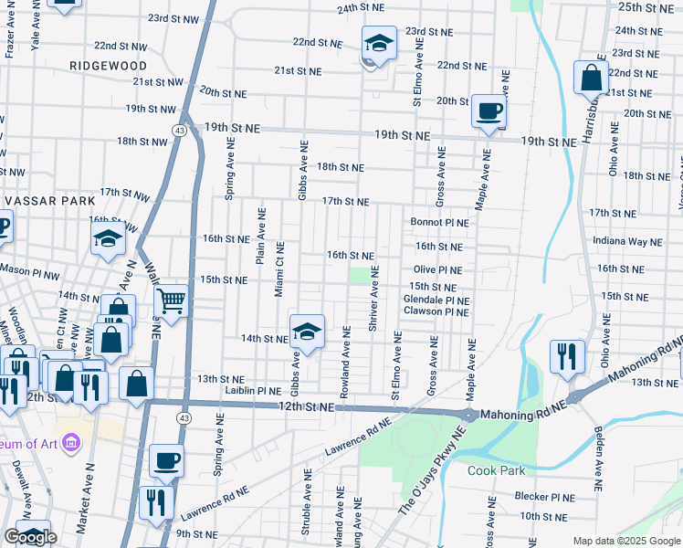 map of restaurants, bars, coffee shops, grocery stores, and more near 1509 Rowland Avenue Northeast in Canton