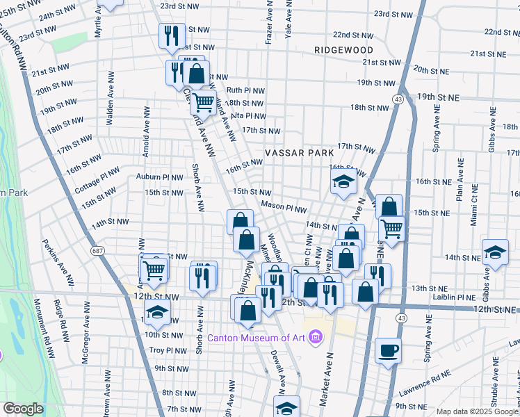 map of restaurants, bars, coffee shops, grocery stores, and more near 1412 Woodland Avenue Northwest in Canton