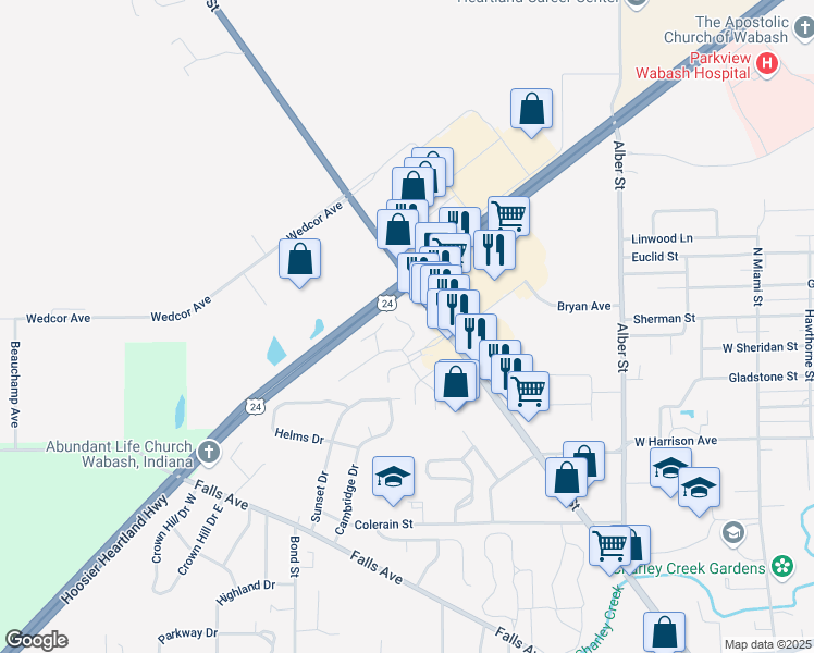 map of restaurants, bars, coffee shops, grocery stores, and more near 1310 Cass Street in Wabash