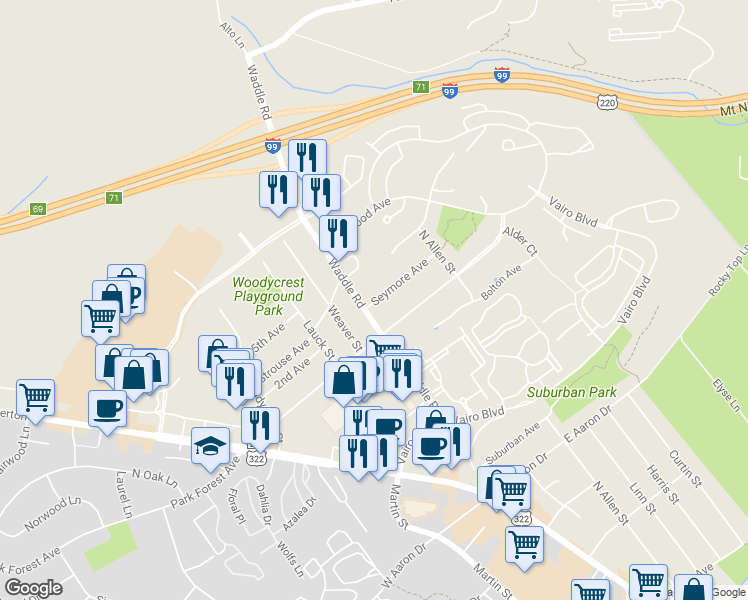 map of restaurants, bars, coffee shops, grocery stores, and more near 121 Seymore Avenue in State College