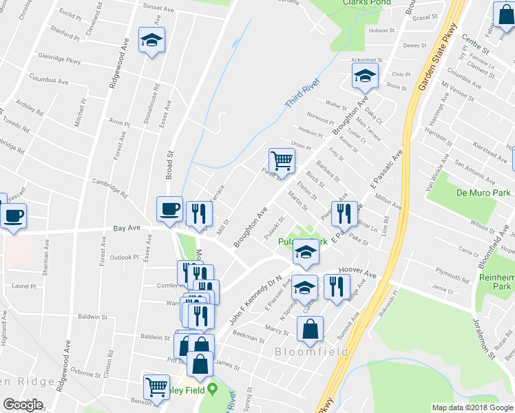 map of restaurants, bars, coffee shops, grocery stores, and more near 68 Broughton Avenue in Bloomfield