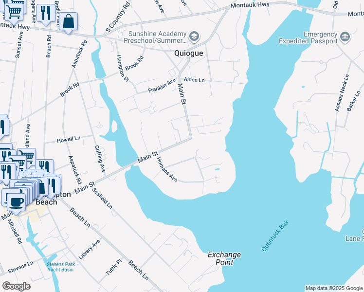 map of restaurants, bars, coffee shops, grocery stores, and more near 485 Main Street in Westhampton Beach