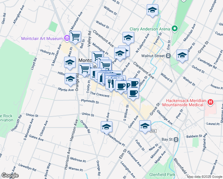 map of restaurants, bars, coffee shops, grocery stores, and more near 460 Bloomfield Avenue in Montclair