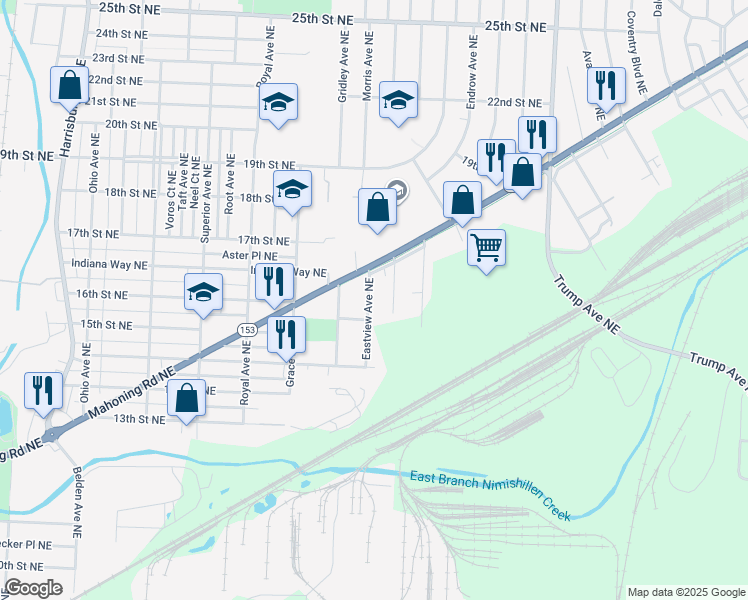map of restaurants, bars, coffee shops, grocery stores, and more near 1540 Eastview Avenue Northeast in Canton