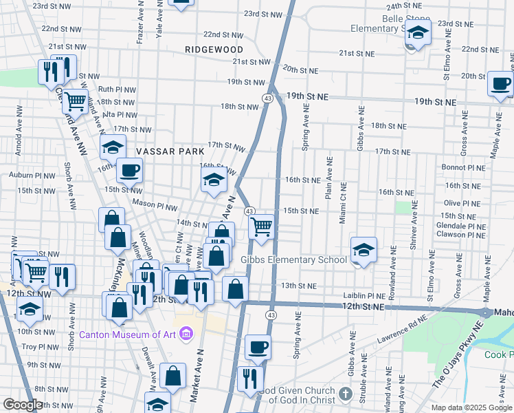 map of restaurants, bars, coffee shops, grocery stores, and more near 305 15th Street Northeast in Canton