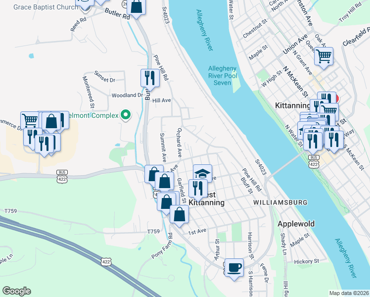 map of restaurants, bars, coffee shops, grocery stores, and more near 215 Northern Avenue in Kittanning