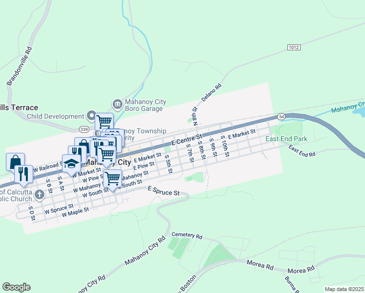 map of restaurants, bars, coffee shops, grocery stores, and more near 619 East Market Street in Mahanoy City
