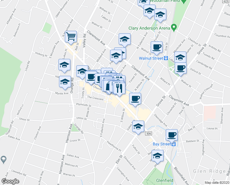 map of restaurants, bars, coffee shops, grocery stores, and more near 441 Bloomfield Avenue in Montclair