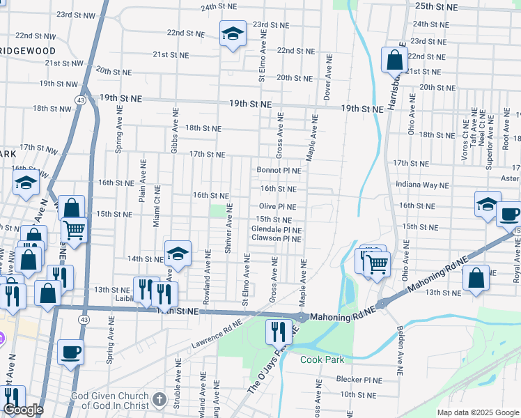 map of restaurants, bars, coffee shops, grocery stores, and more near 1516 Olive Place Northeast in Canton