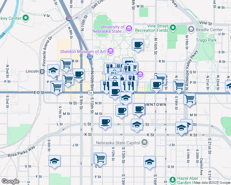 map of restaurants, bars, coffee shops, grocery stores, and more near 1206 O Street in Lincoln