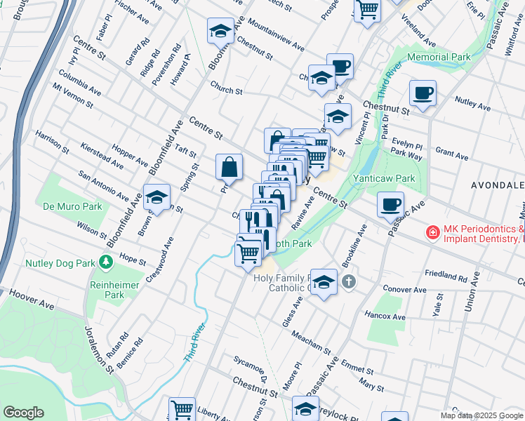 map of restaurants, bars, coffee shops, grocery stores, and more near 47 Stager Street in Nutley