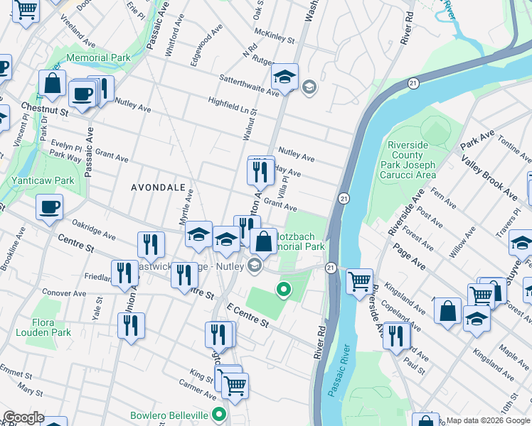 map of restaurants, bars, coffee shops, grocery stores, and more near 11 Spurr Place in Nutley