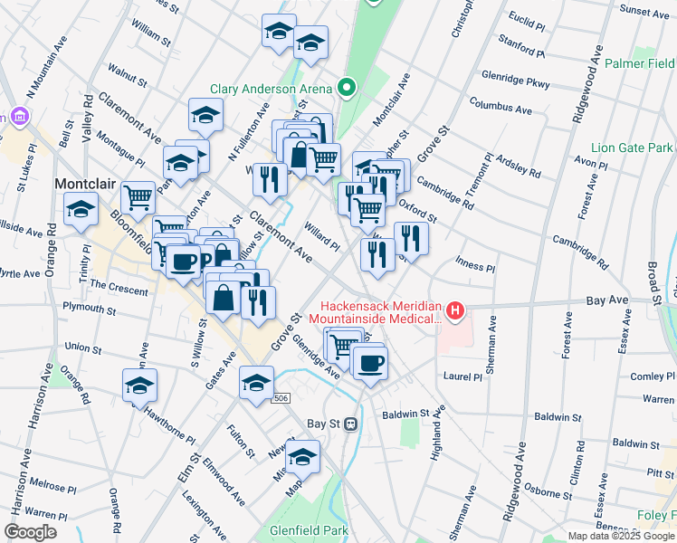 map of restaurants, bars, coffee shops, grocery stores, and more near 81 Claremont Avenue in Montclair