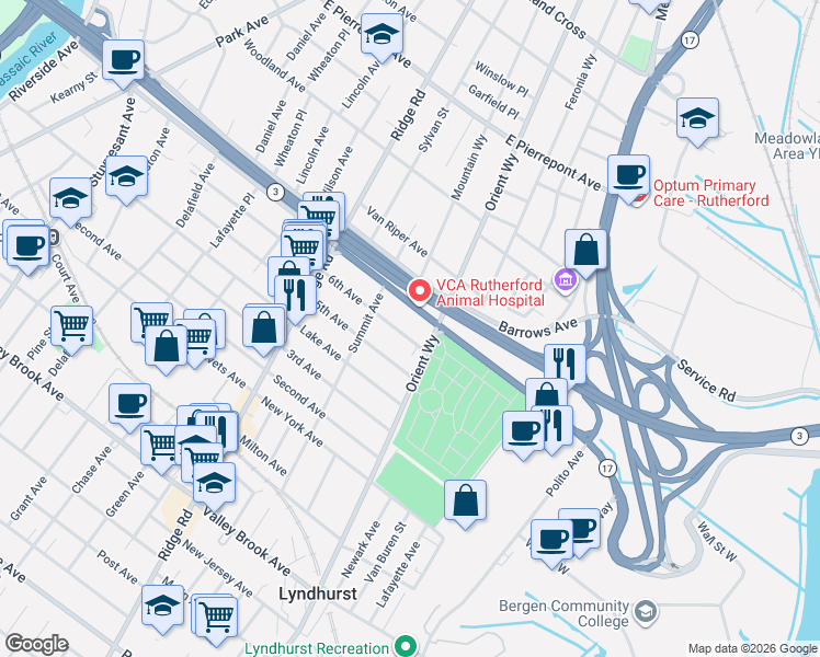 map of restaurants, bars, coffee shops, grocery stores, and more near 723 6th Avenue in Lyndhurst