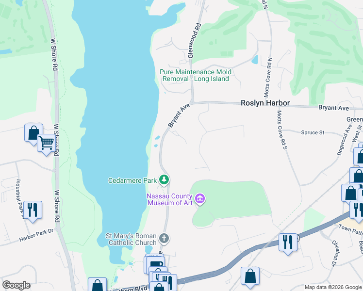 map of restaurants, bars, coffee shops, grocery stores, and more near 130 Harbor Lane in Roslyn