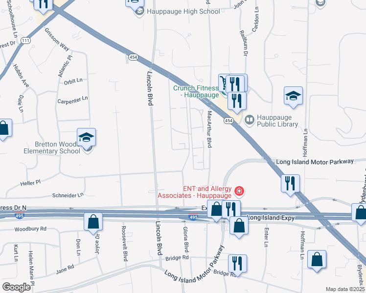 map of restaurants, bars, coffee shops, grocery stores, and more near 11 S Dorado Circle in Hauppauge