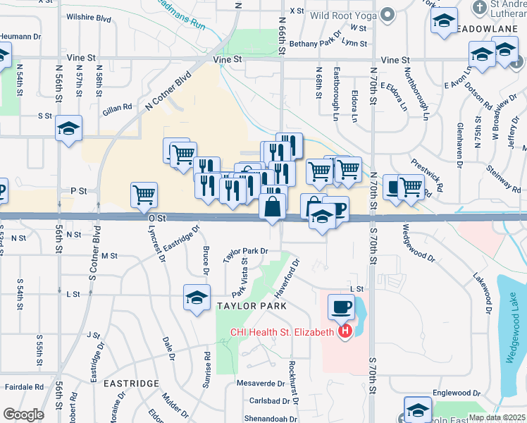 map of restaurants, bars, coffee shops, grocery stores, and more near 6500 O Street in Lincoln