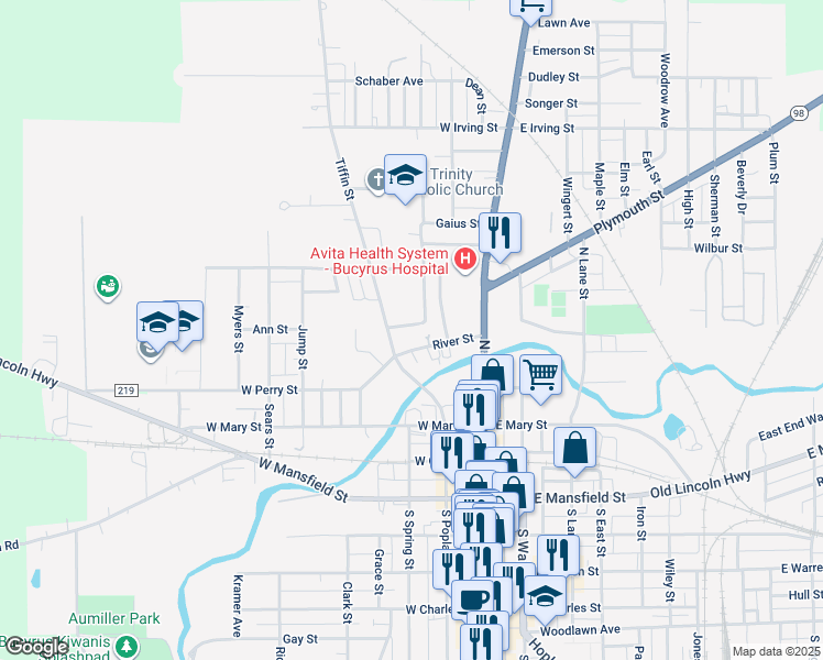 map of restaurants, bars, coffee shops, grocery stores, and more near 311 Pleasant Hill Drive in Bucyrus