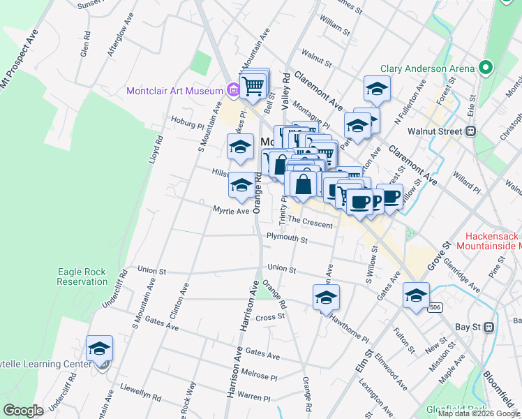 map of restaurants, bars, coffee shops, grocery stores, and more near in Montclair