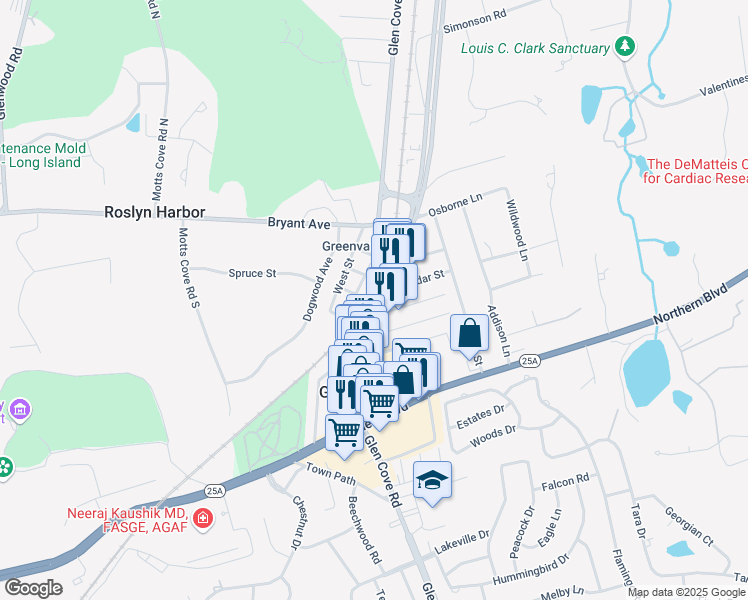 map of restaurants, bars, coffee shops, grocery stores, and more near 71 Glen Cove Road in Greenvale