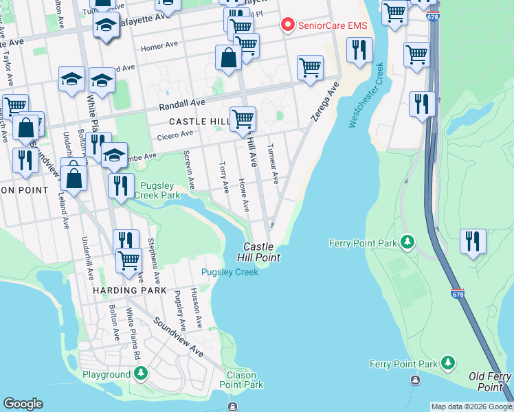 map of restaurants, bars, coffee shops, grocery stores, and more near 306 Castle Hill Avenue in Bronx