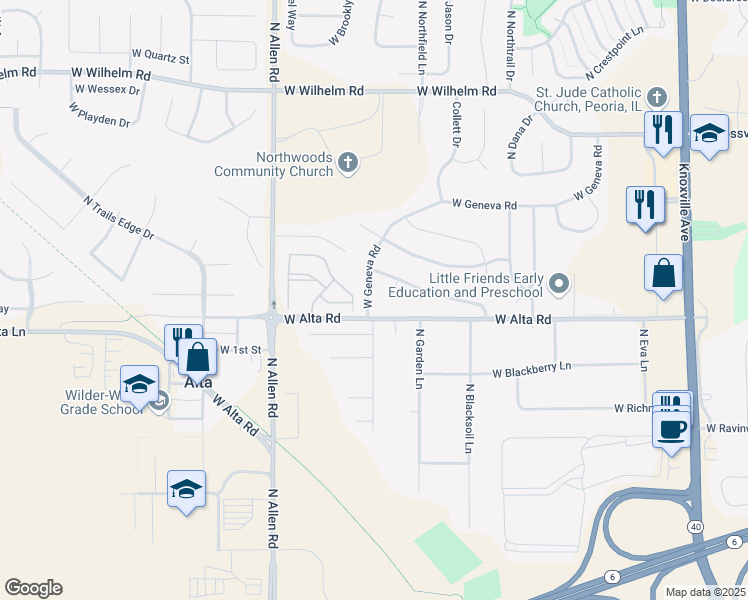 map of restaurants, bars, coffee shops, grocery stores, and more near 2228 West Geneva Road in Peoria
