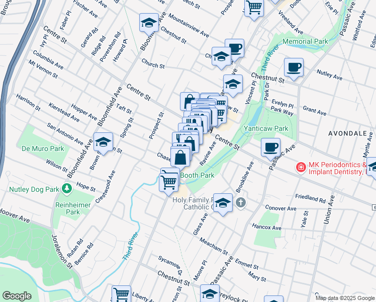 map of restaurants, bars, coffee shops, grocery stores, and more near 160 Franklin Avenue in Nutley