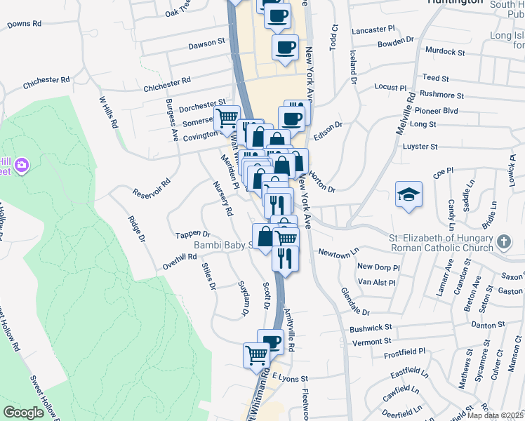 map of restaurants, bars, coffee shops, grocery stores, and more near 490 Walt Whitman Road in Melville