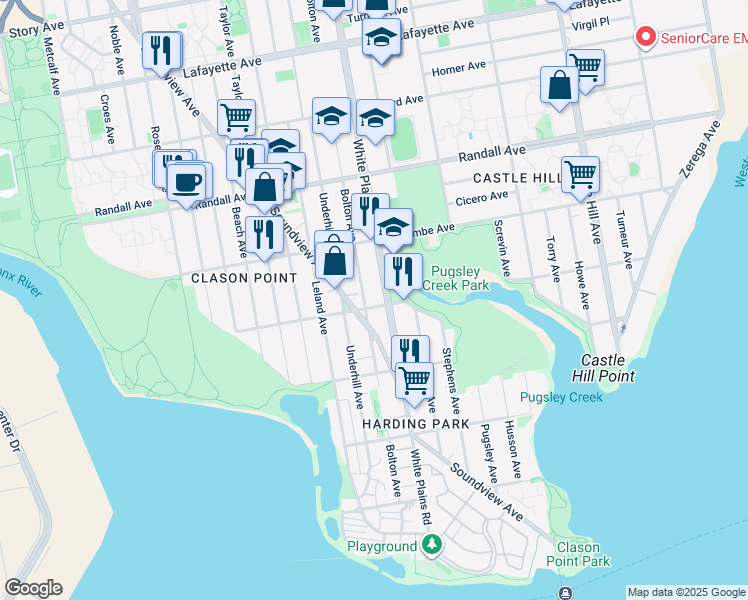 map of restaurants, bars, coffee shops, grocery stores, and more near 1901 Patterson Avenue in Bronx