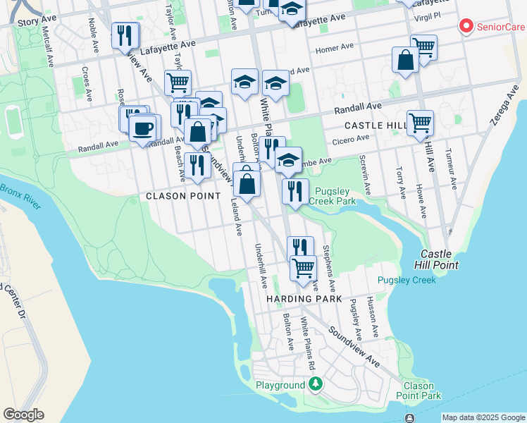 map of restaurants, bars, coffee shops, grocery stores, and more near 1901 Patterson Avenue in Bronx