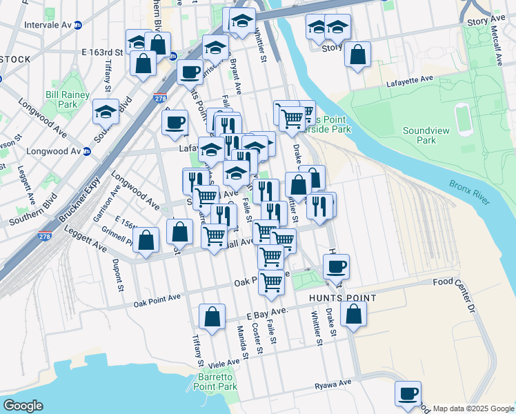 map of restaurants, bars, coffee shops, grocery stores, and more near 643 Bryant Avenue in Bronx