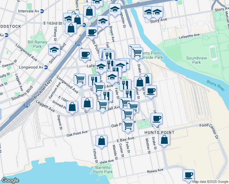 map of restaurants, bars, coffee shops, grocery stores, and more near 648 Coster Street in Bronx