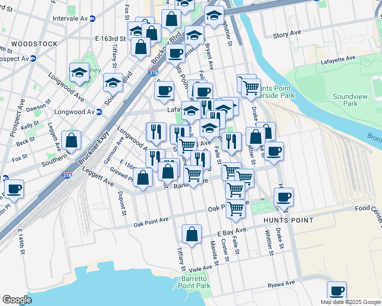 map of restaurants, bars, coffee shops, grocery stores, and more near 640 Barretto Street in The Bronx