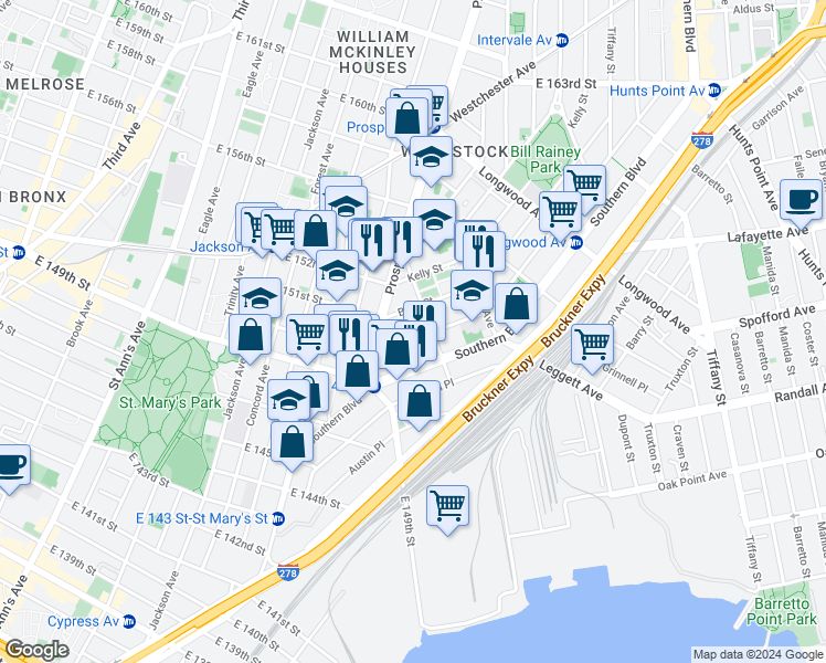 map of restaurants, bars, coffee shops, grocery stores, and more near 1012 Avenue Saint John in Bronx