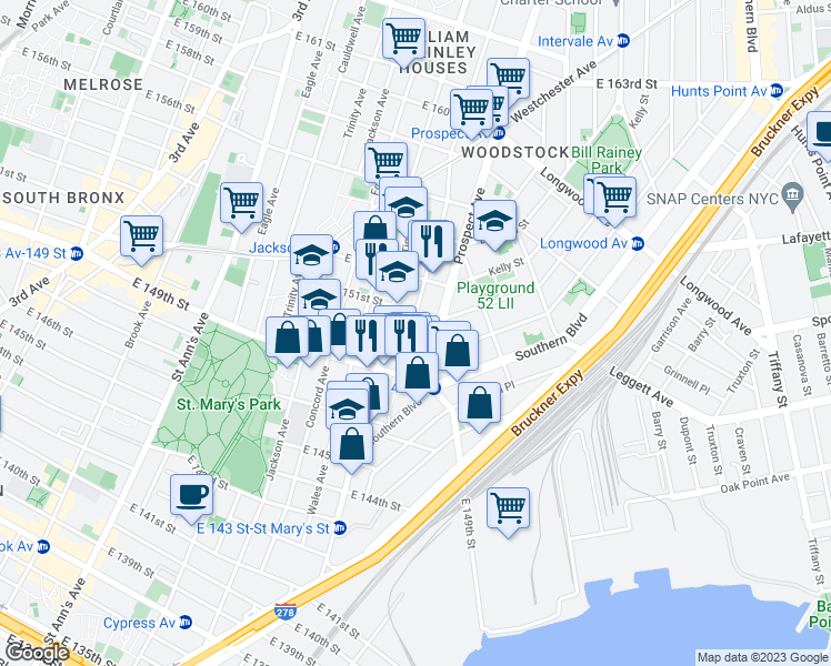 map of restaurants, bars, coffee shops, grocery stores, and more near 586 Union Avenue in Bronx
