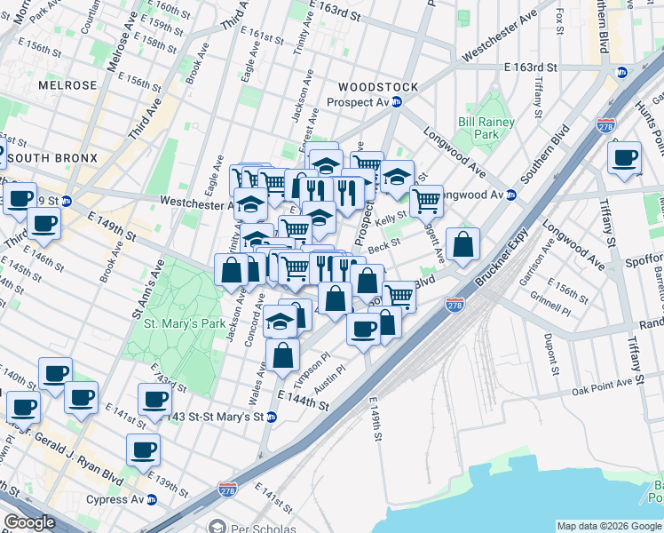 map of restaurants, bars, coffee shops, grocery stores, and more near 586 Union Avenue in Bronx
