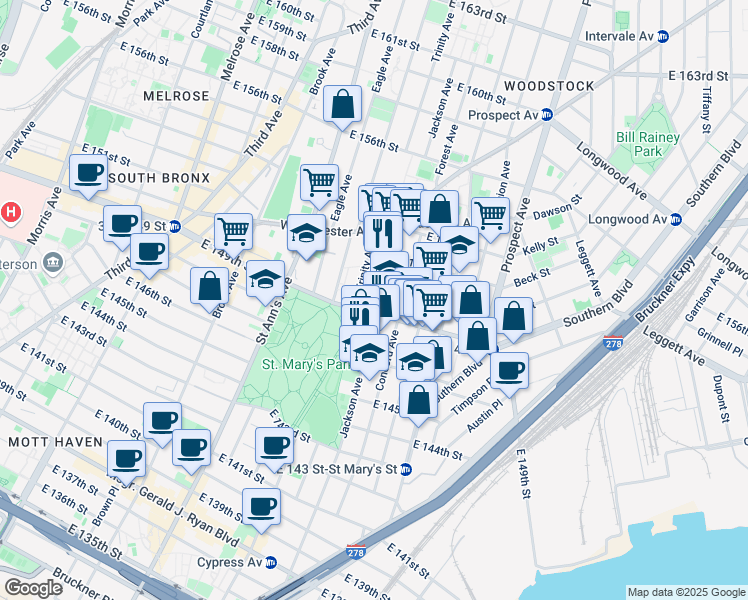 map of restaurants, bars, coffee shops, grocery stores, and more near 724 East 149th Street in The Bronx